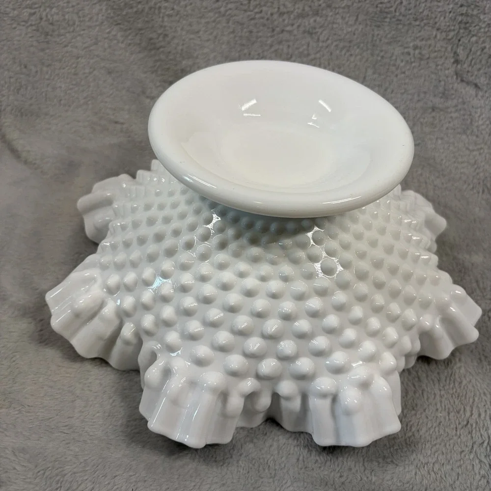 Fenton Style MCM White Hobnail Milk Glass Ruffled Edge Lg Bowl 10.5